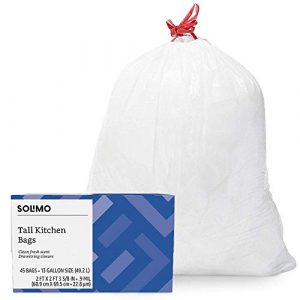 Amazon Brand – Solimo Tall Kitchen Drawstring Trash Bags, Clean Fresh Scent, 13 Gallon, 45 Count