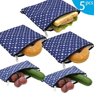 Reusable Snack Bags Sandwich Bags – Dual Layer Eco Friendly Dishwasher Safe Lunch Baggies, BPA Free, PVC Free, Set of 5 Pack(Star)